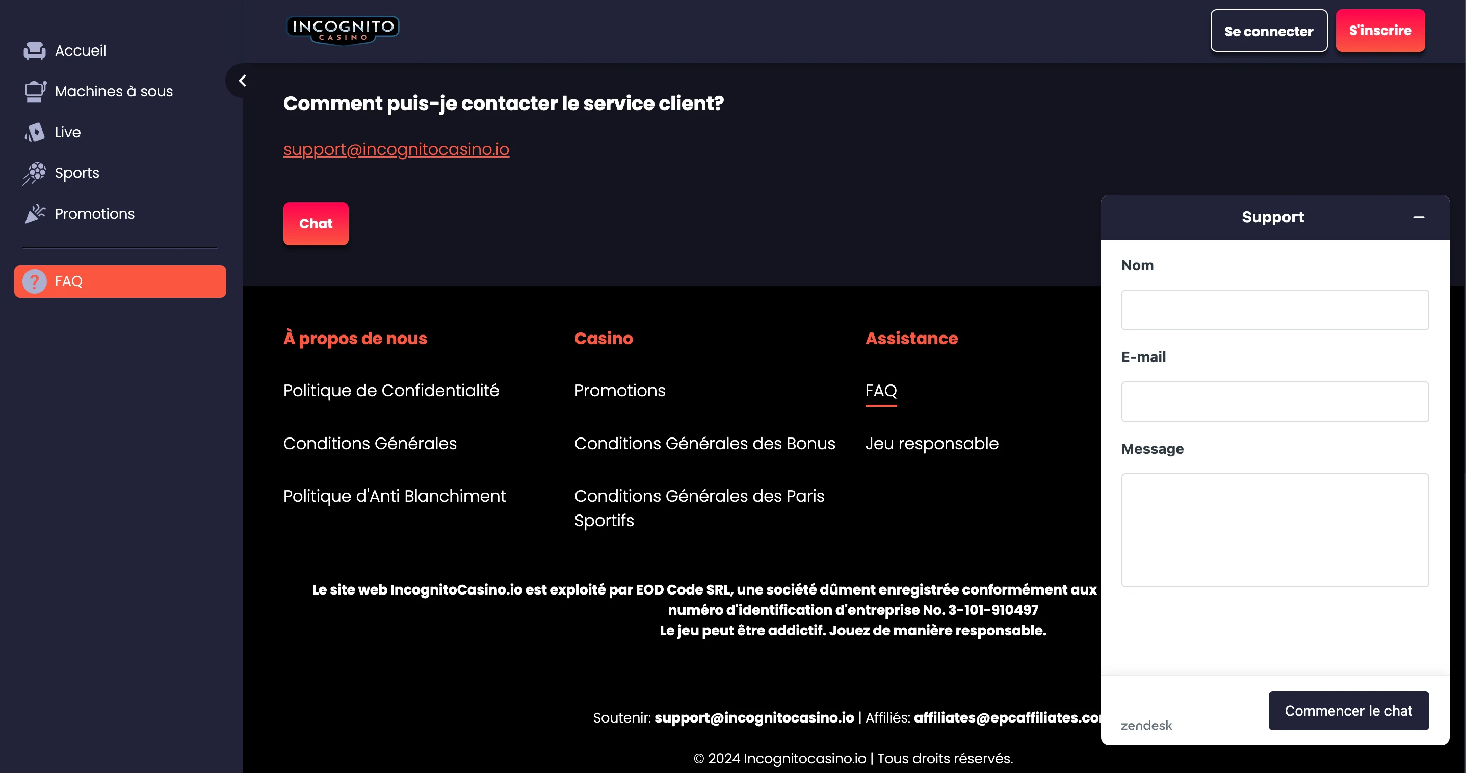 service client incognito casino