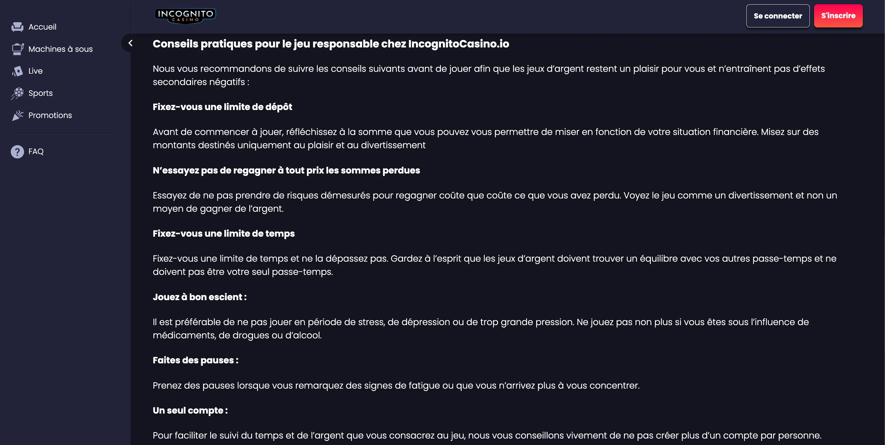 jeu responsable incognito casino