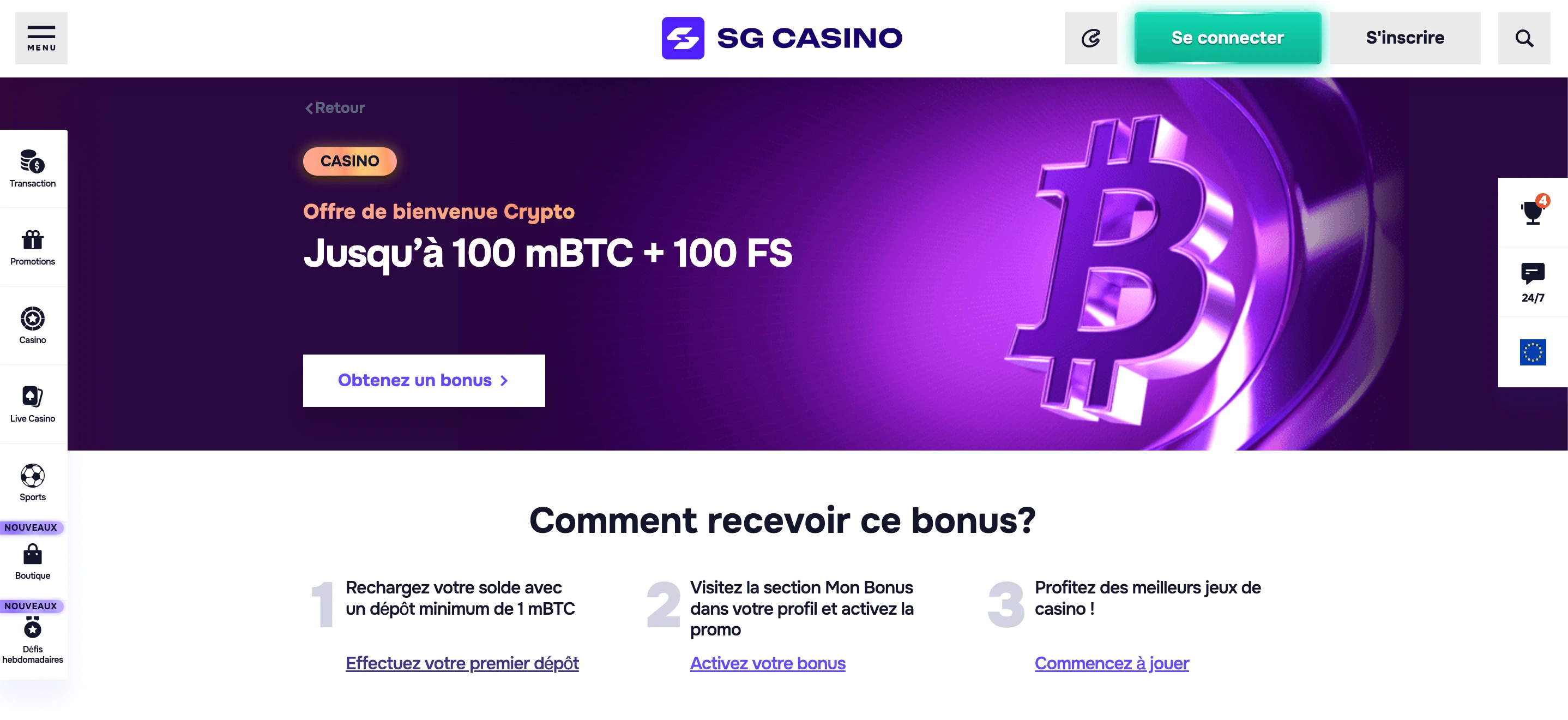 bonus de bienvenue crypto sg casino
