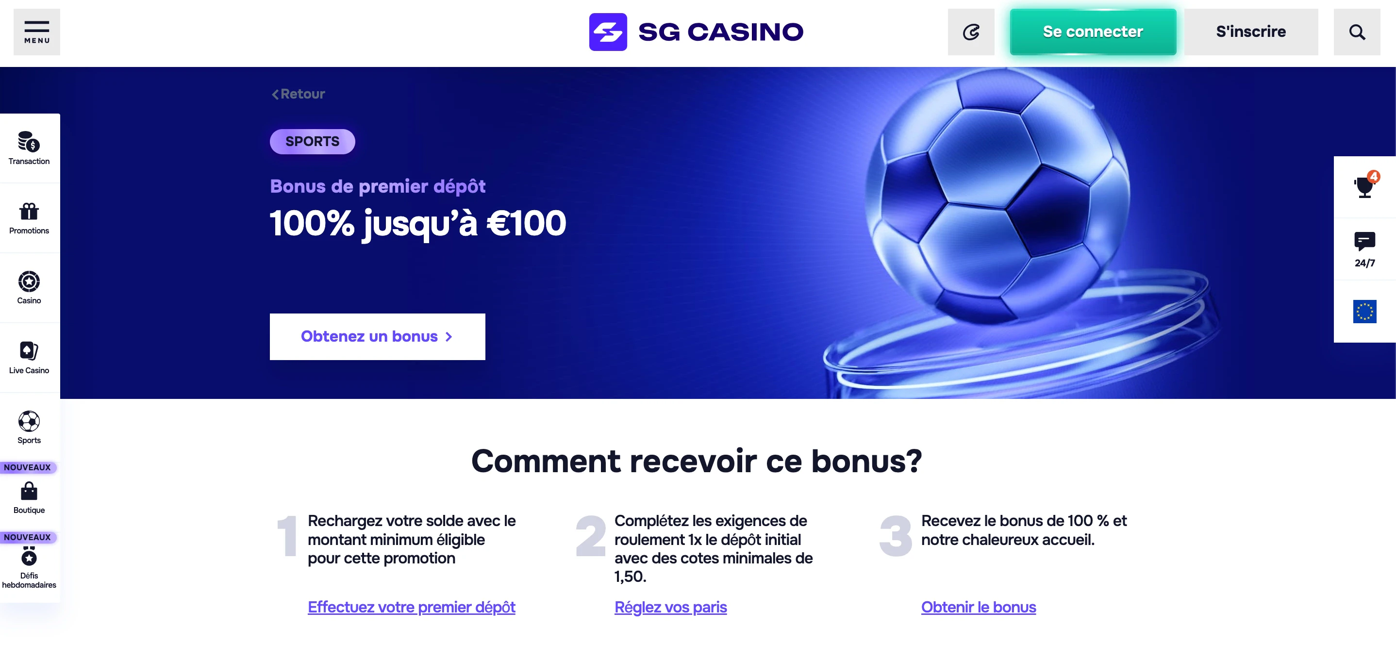 bonus de bienvenue sport sg casino