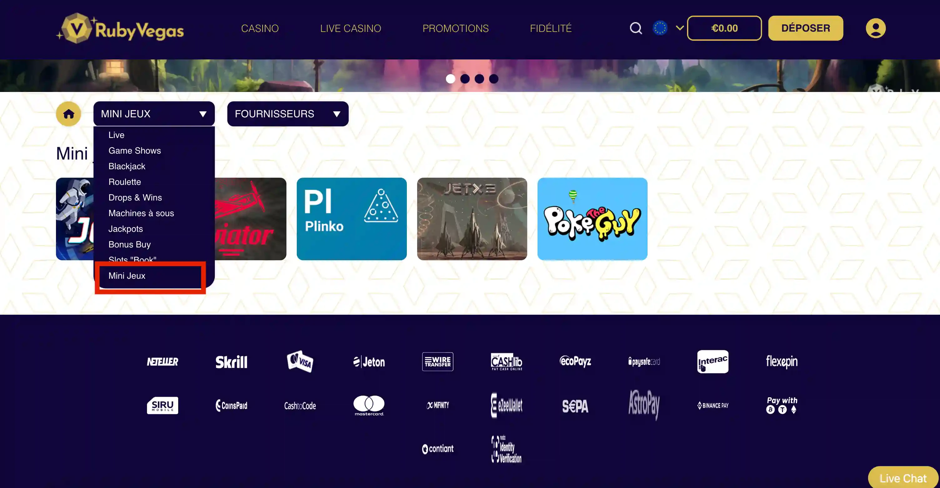 Catégorie mini jeux sur Ruby Vegas
