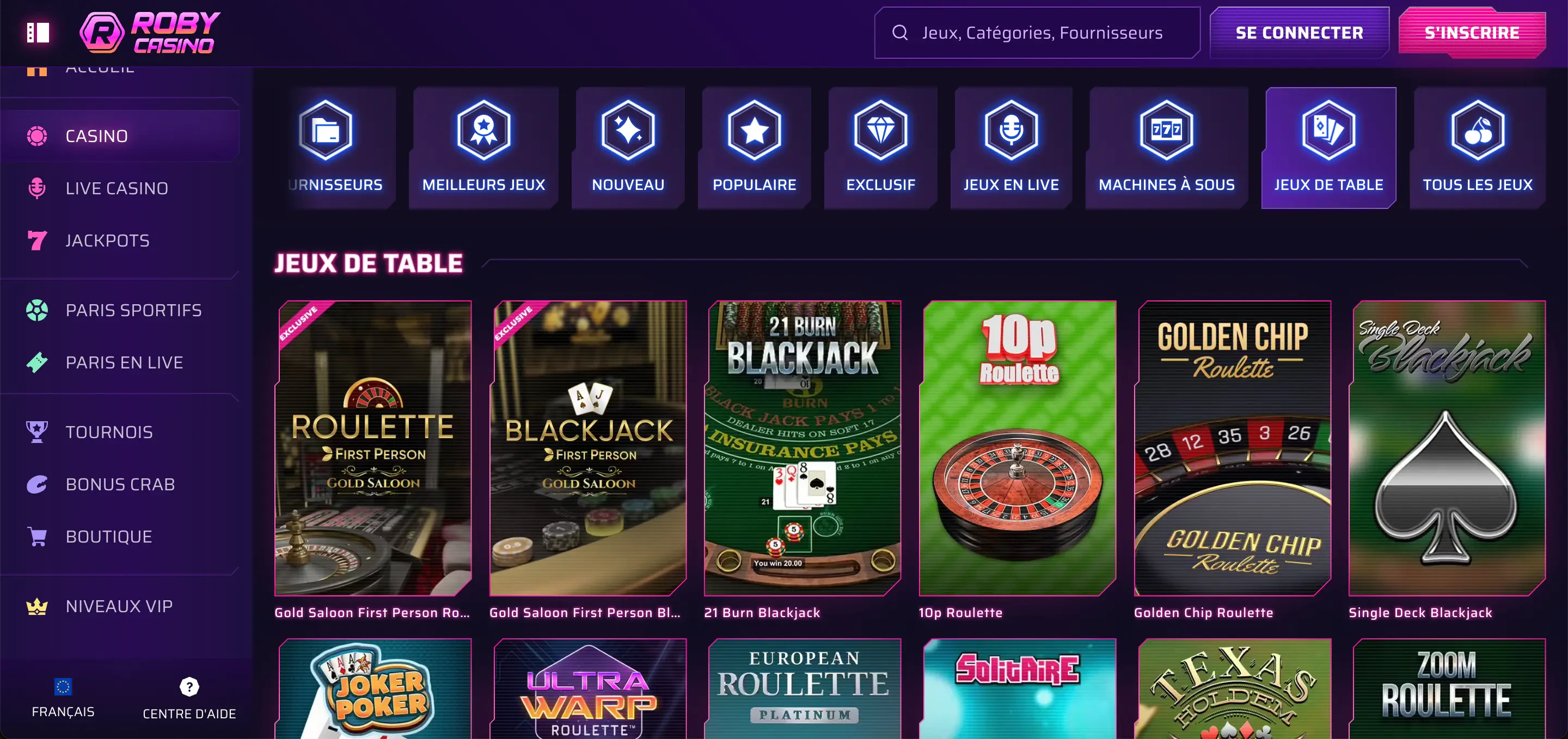robycasino jeux de table