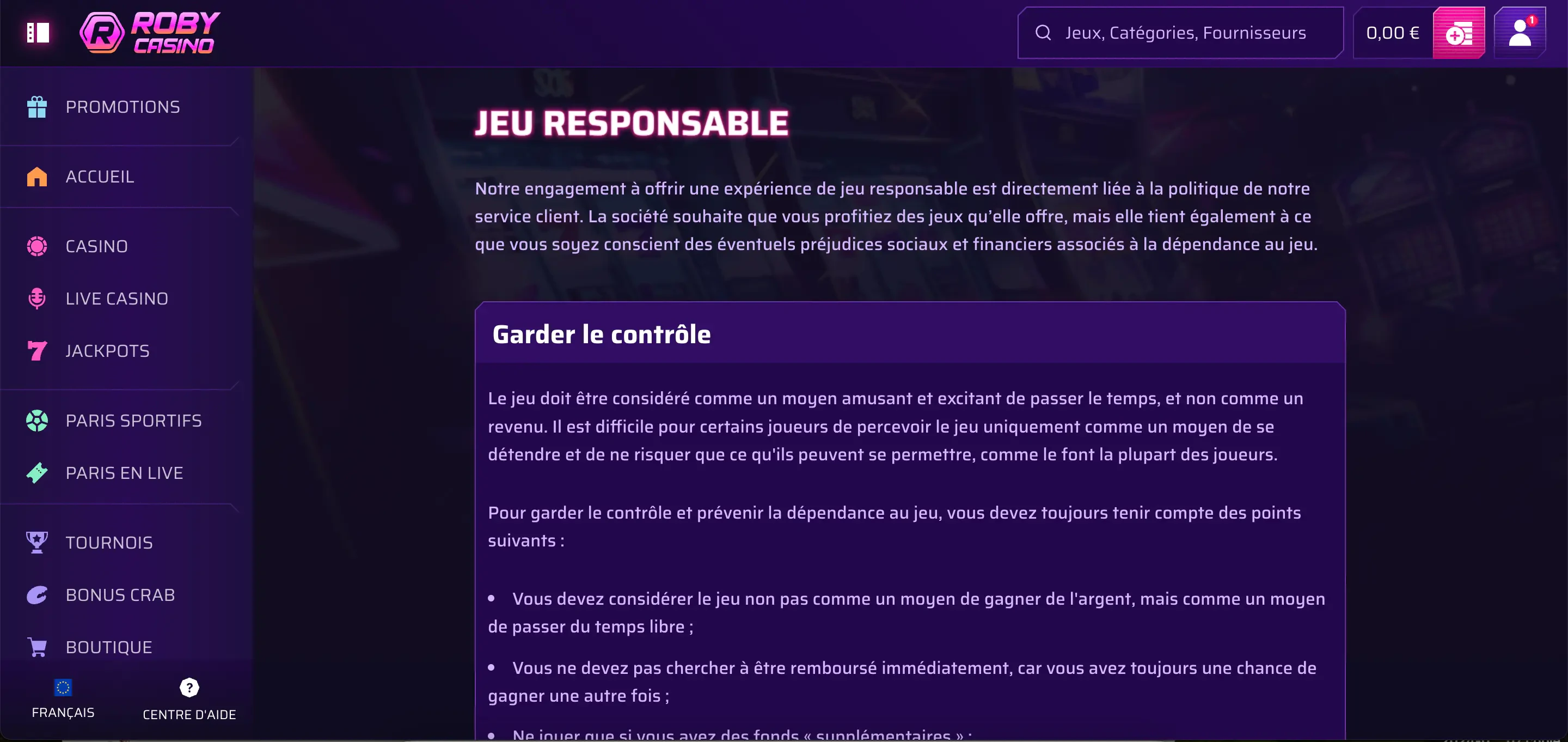 robycasino jeu responsable