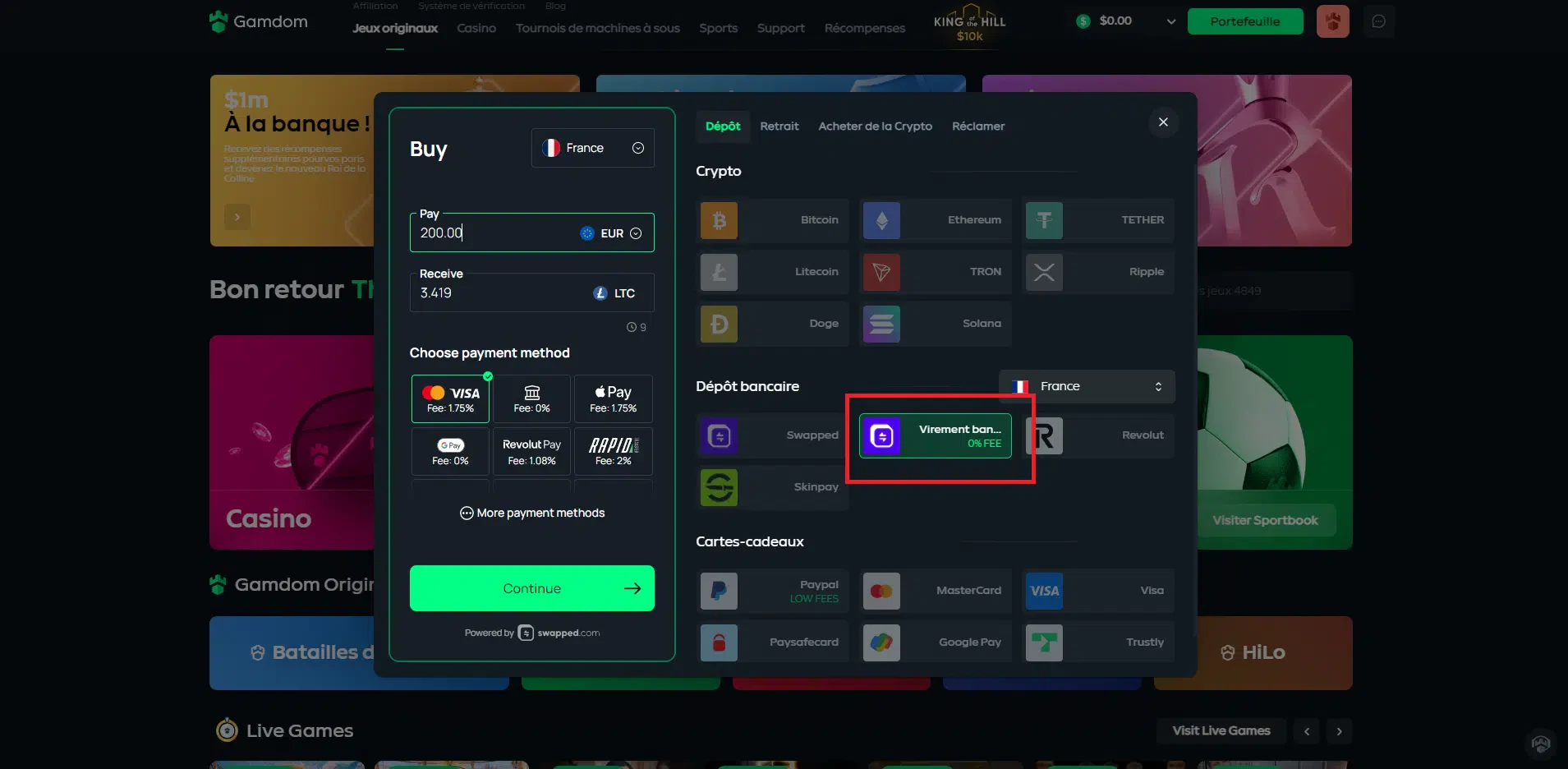 Virement bancaire GAMDOM