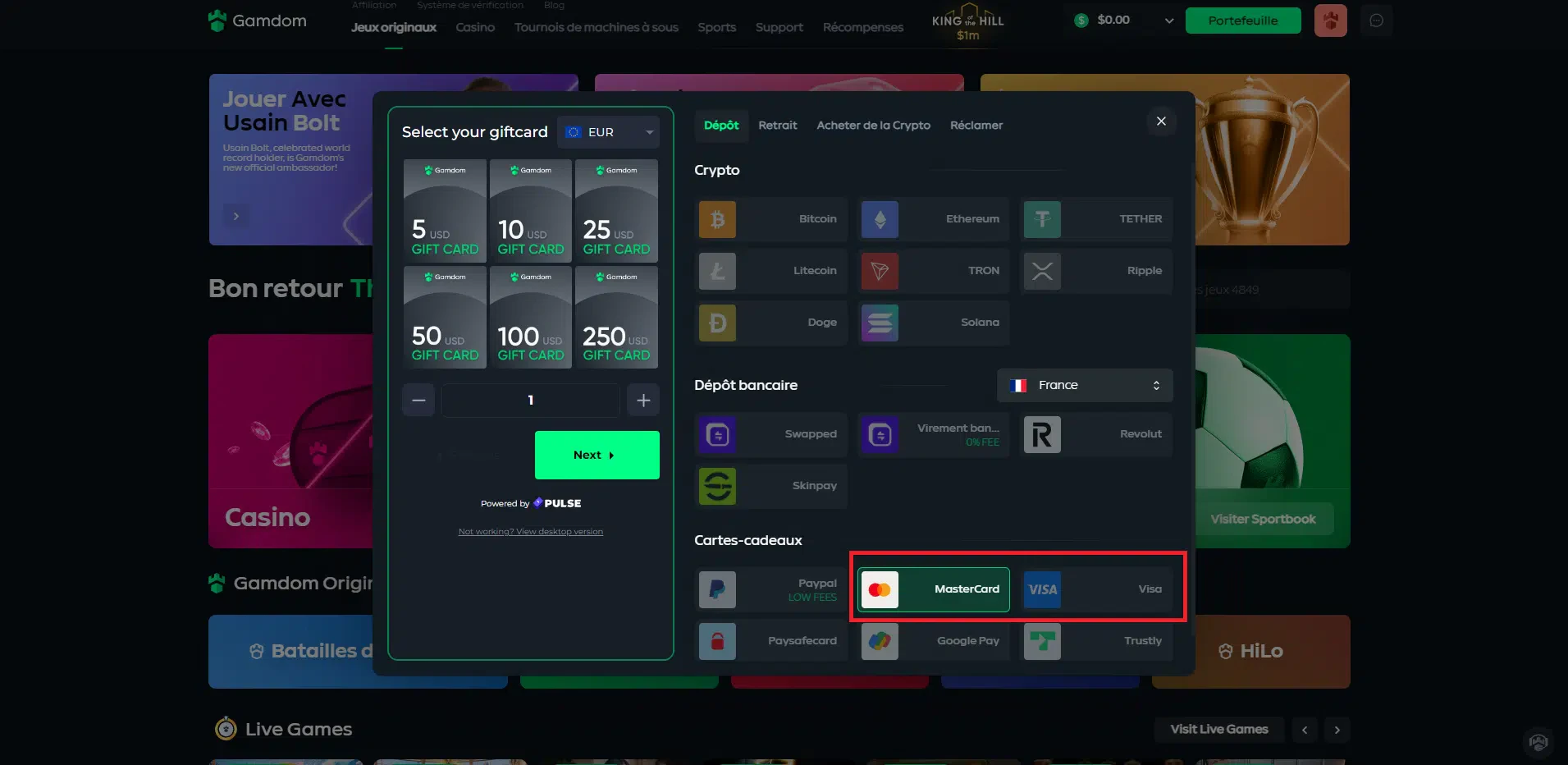 Carte bancaire sur Gamdom