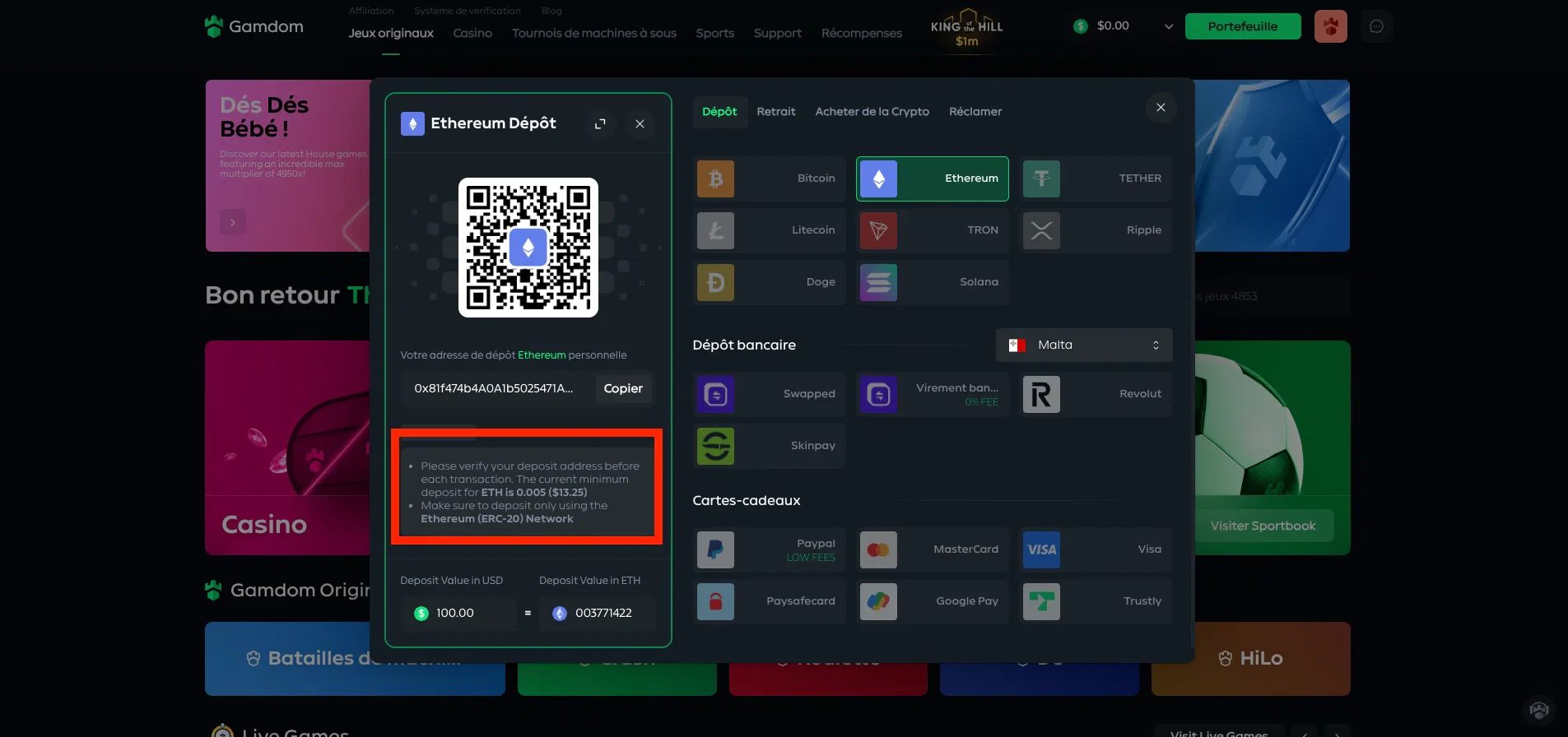 Dépot en crypto sur Gamdom