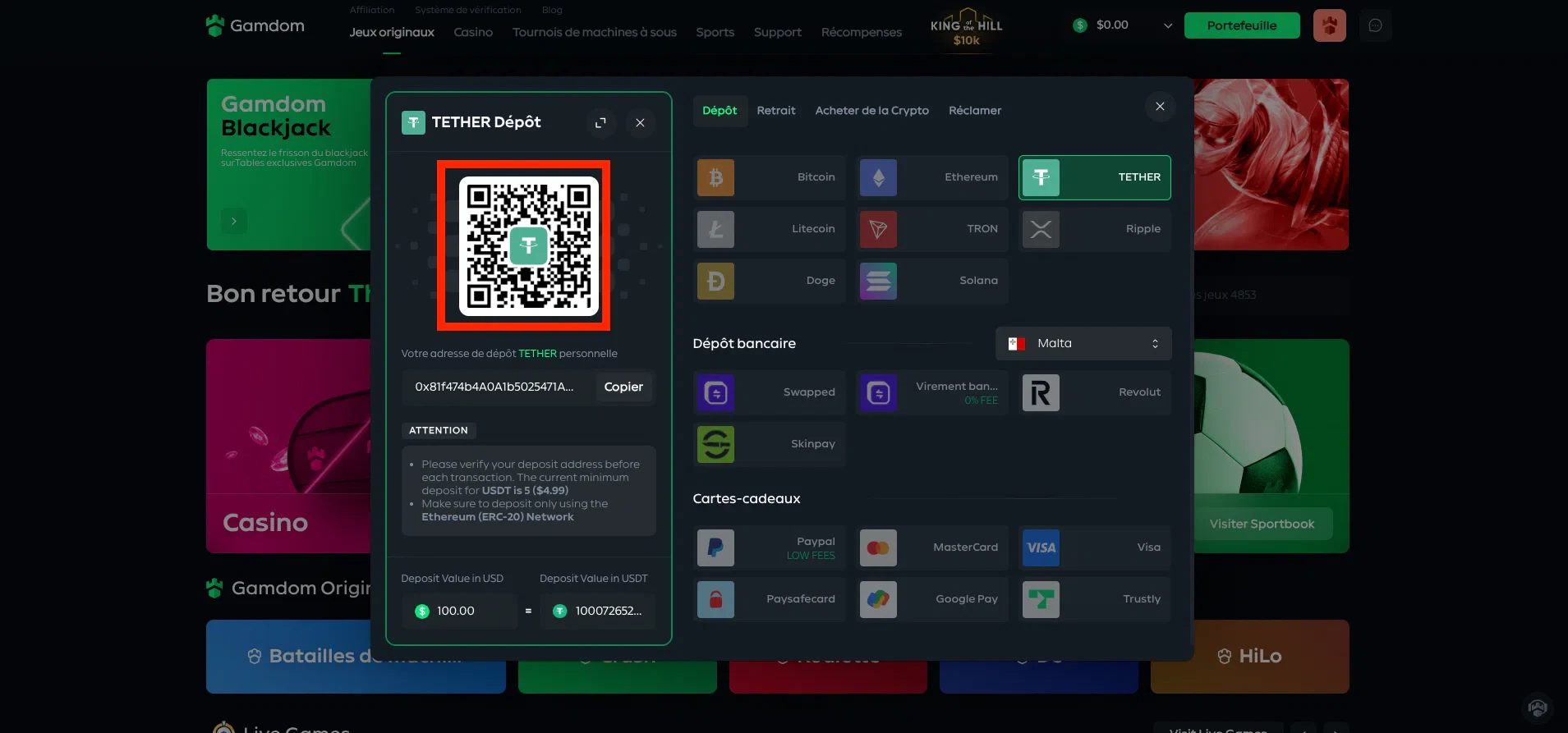 Dépôt Gamdom en crypto