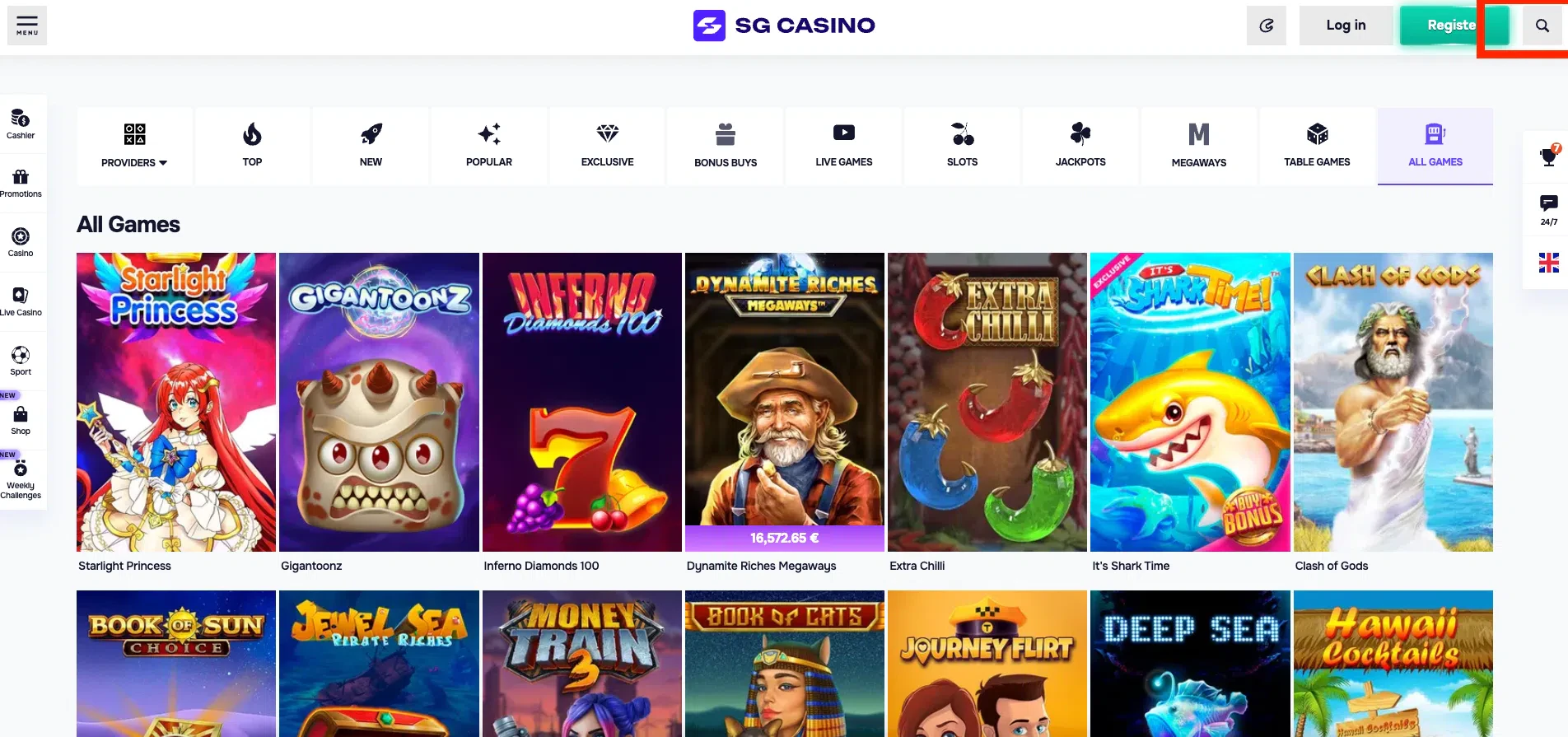 barre de recherche SG Casino