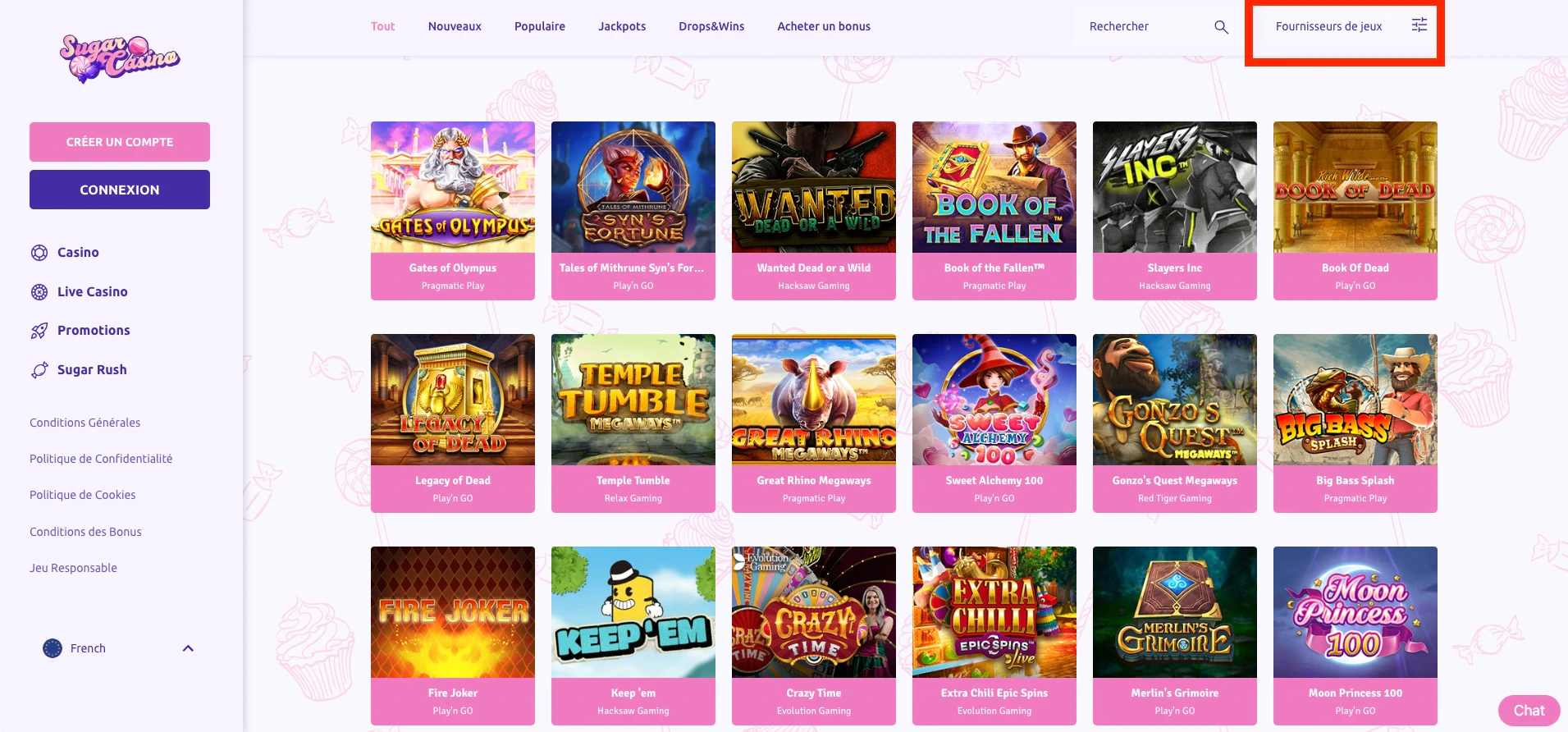 Fournisseurs sur Sugar. casino