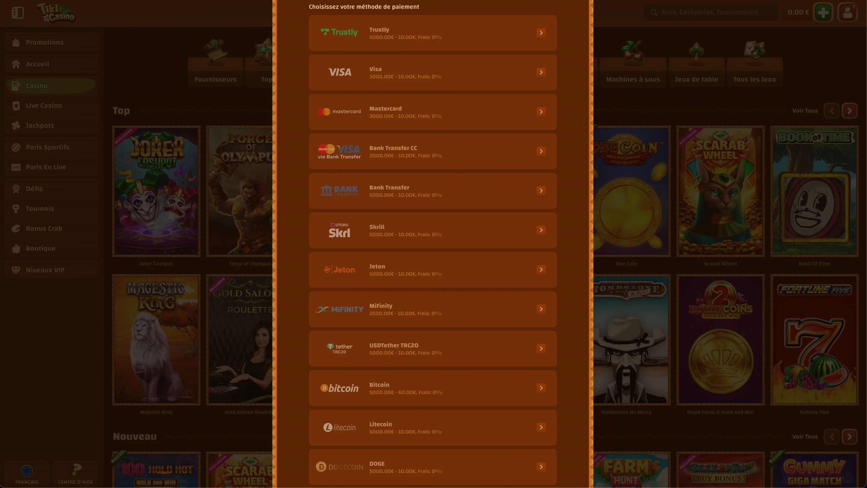 retrait tiki casino