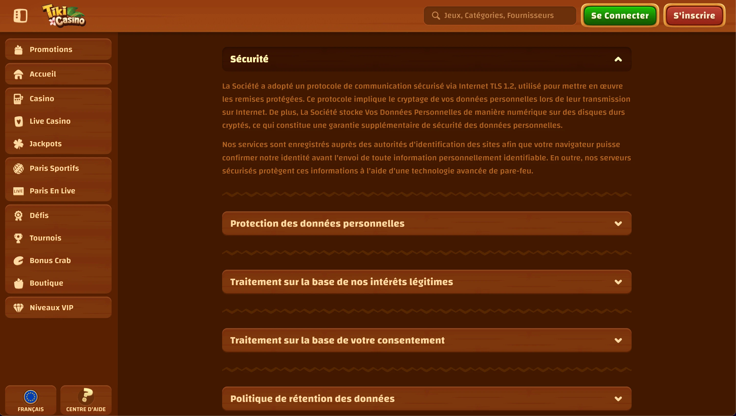 confidentialité tiki casino