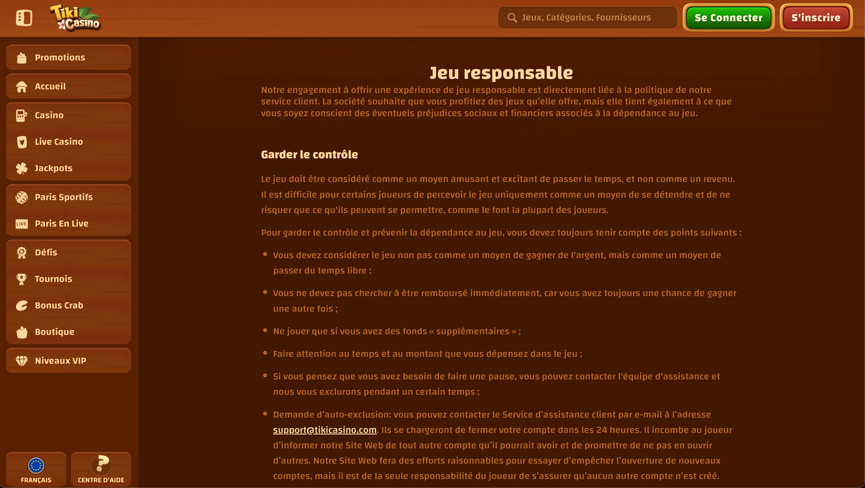 jeu responsable tiki casino