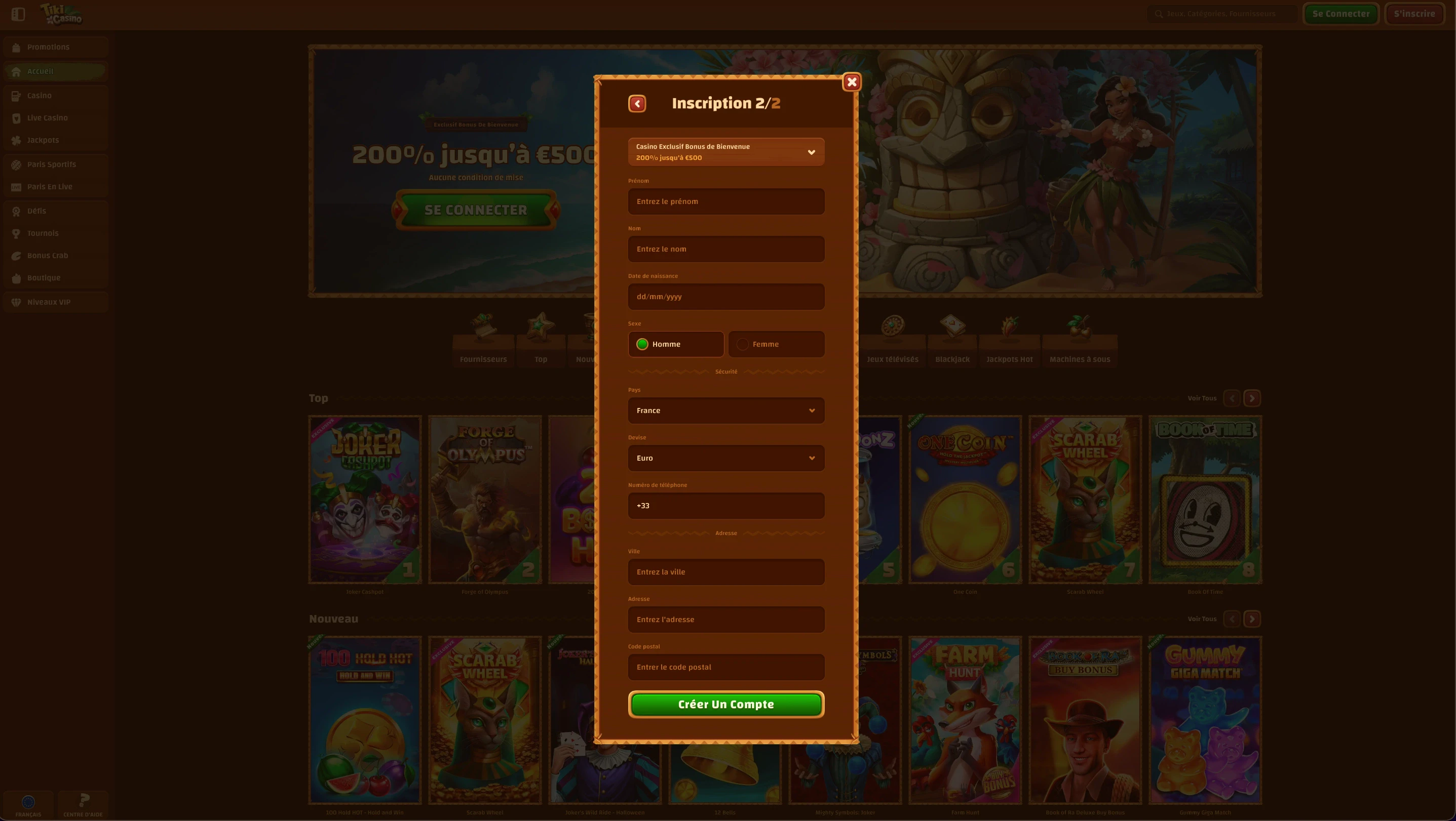 inscription tiki casino