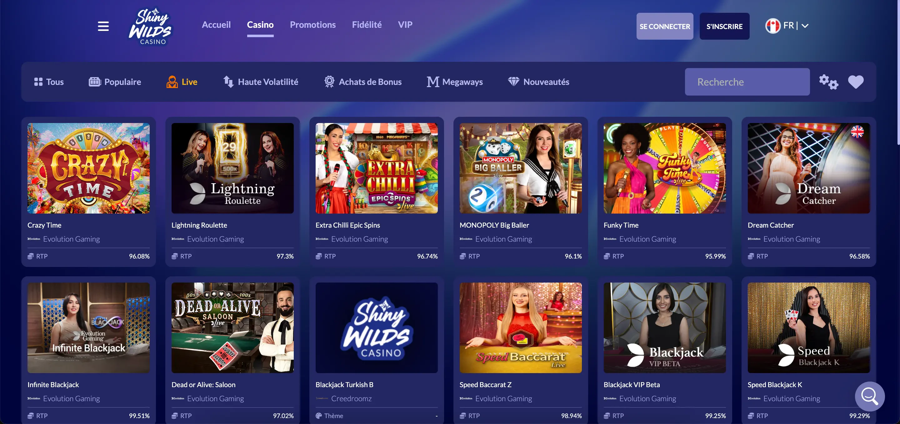 shiny wilds live casino
