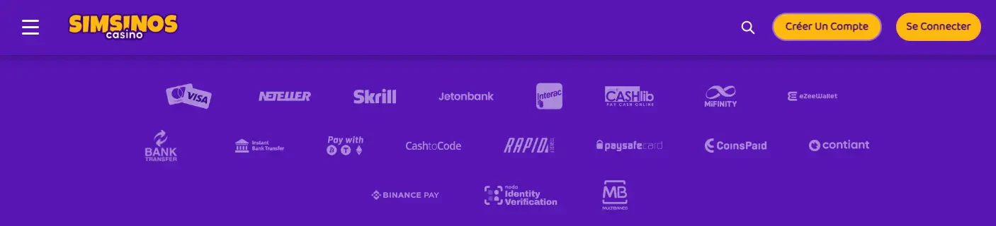 Méthodes de paiement sur Simsino