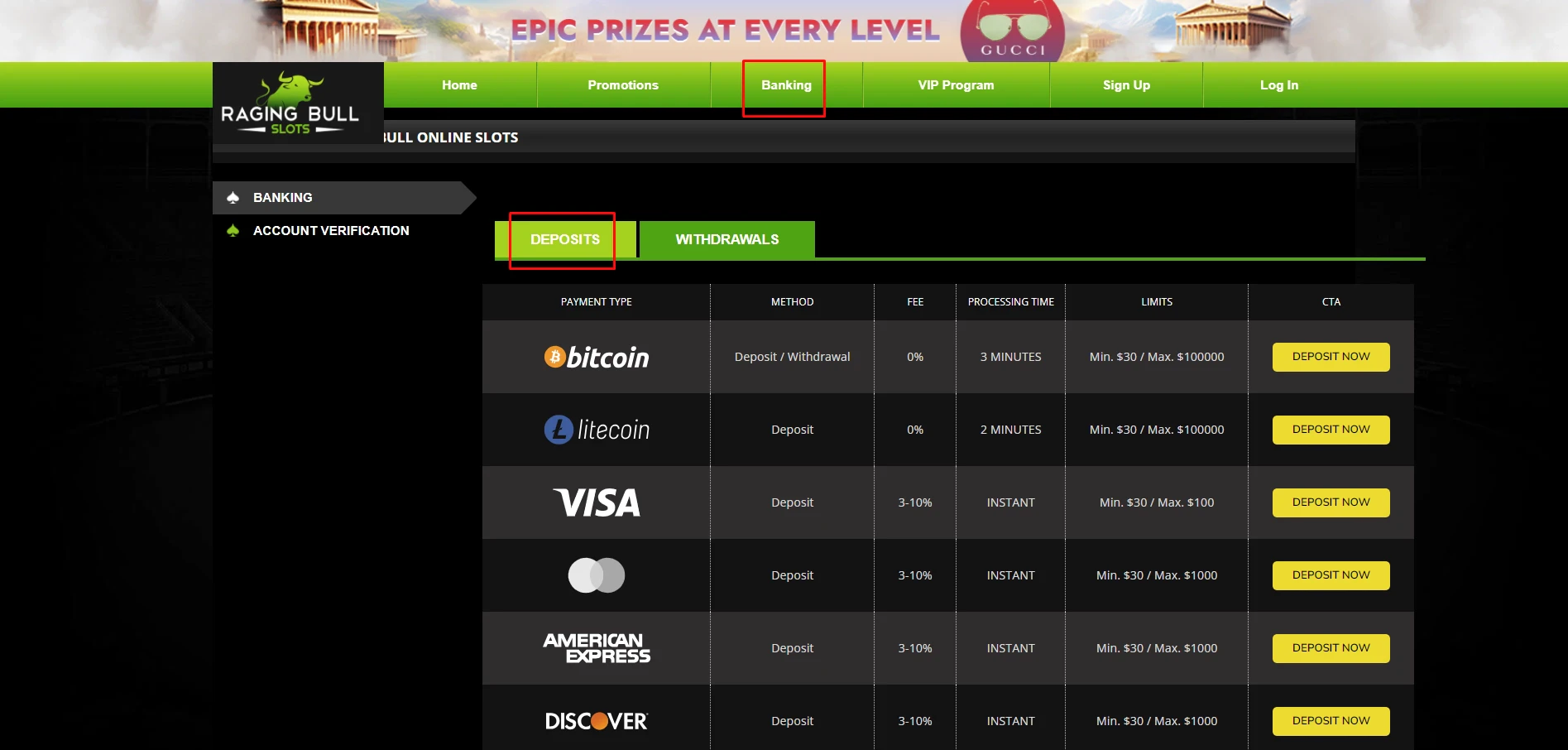 Raging Bull Slots Payment Methods