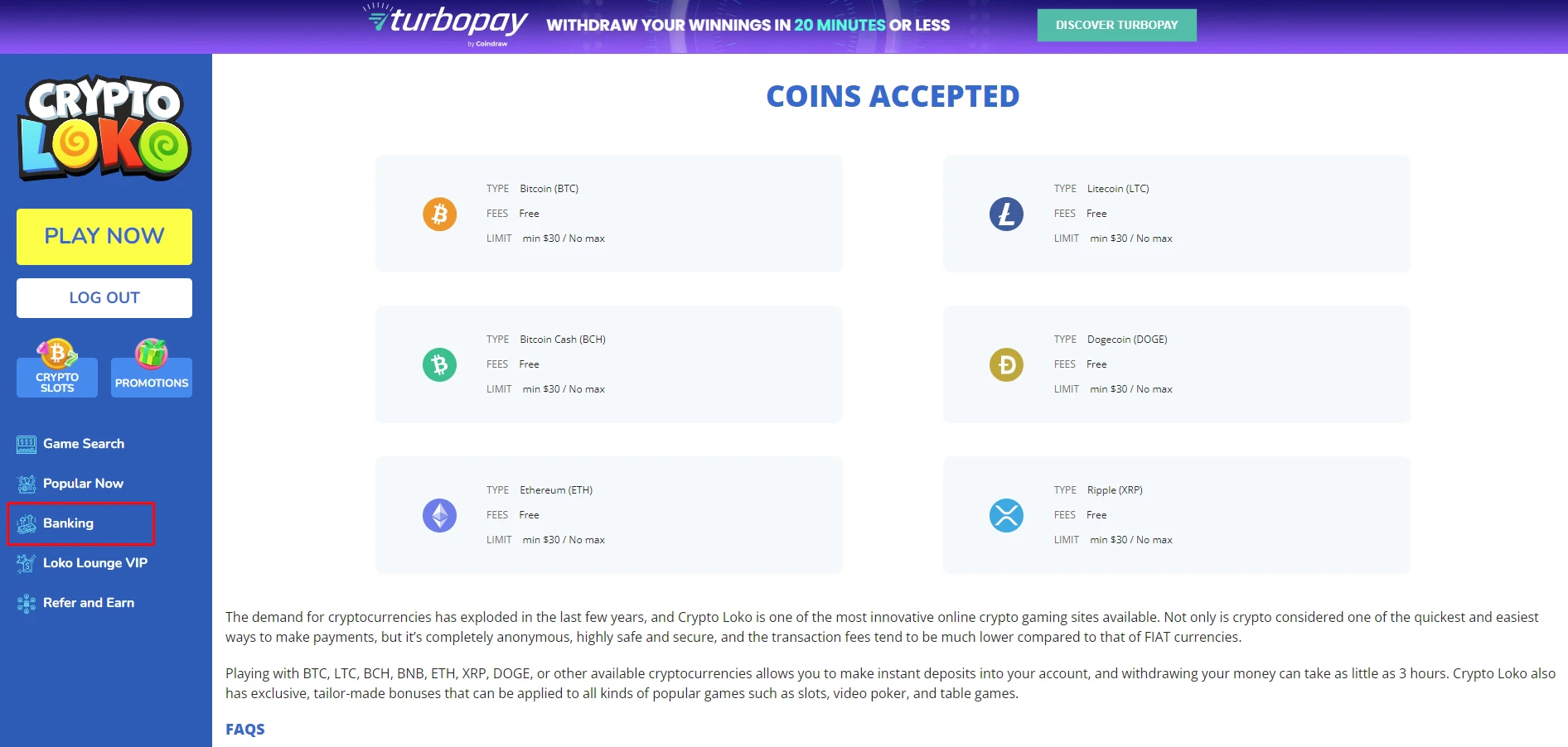 Crypto Loko Accepted Coins