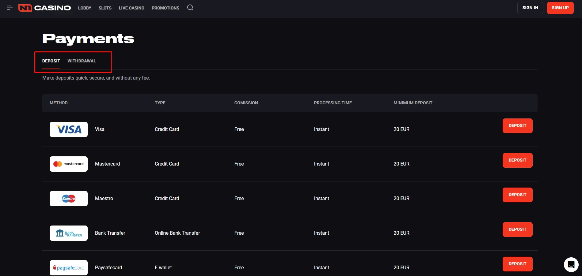 N1 Casino Payment Methods