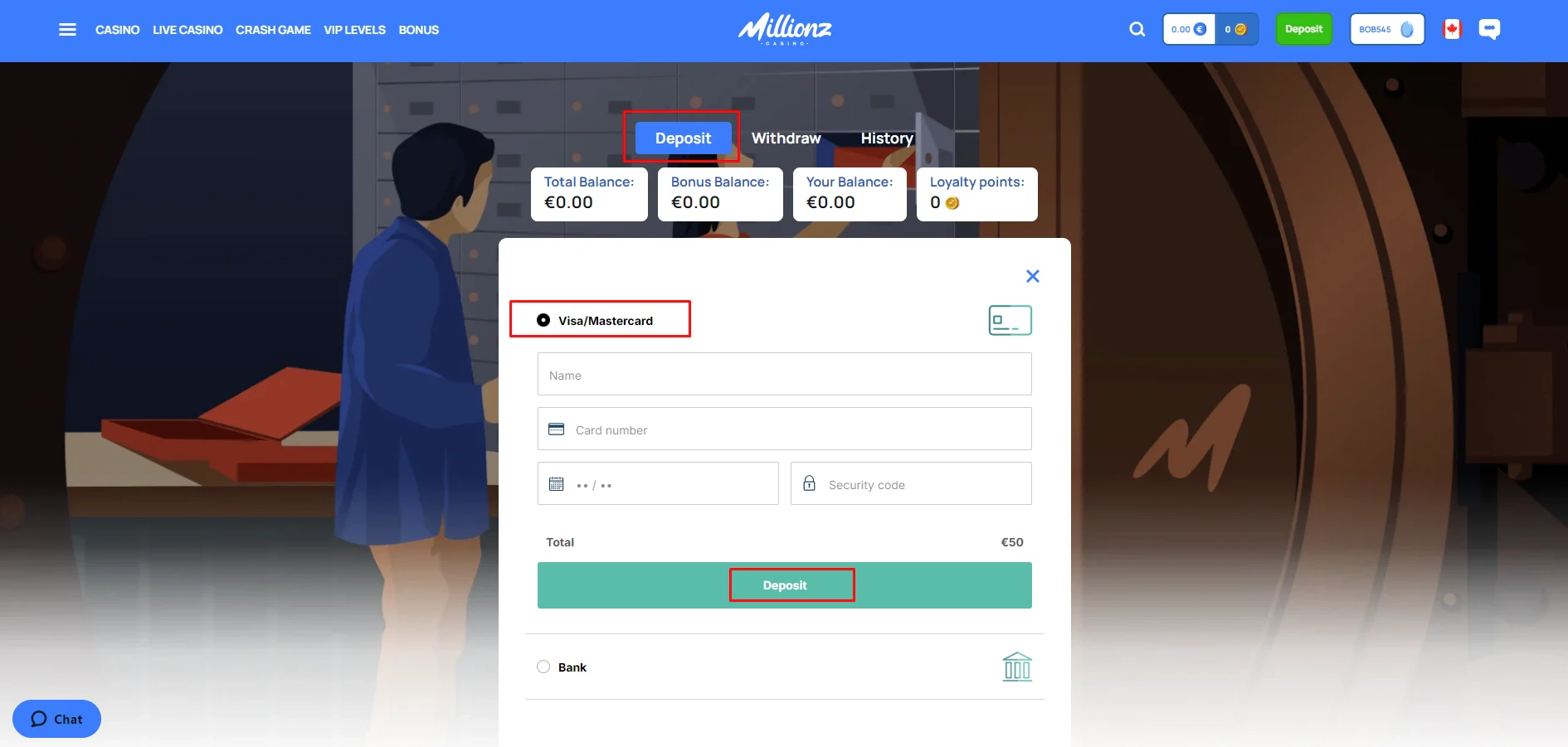 Millionz Casino Visa/Mastercard Deposit
