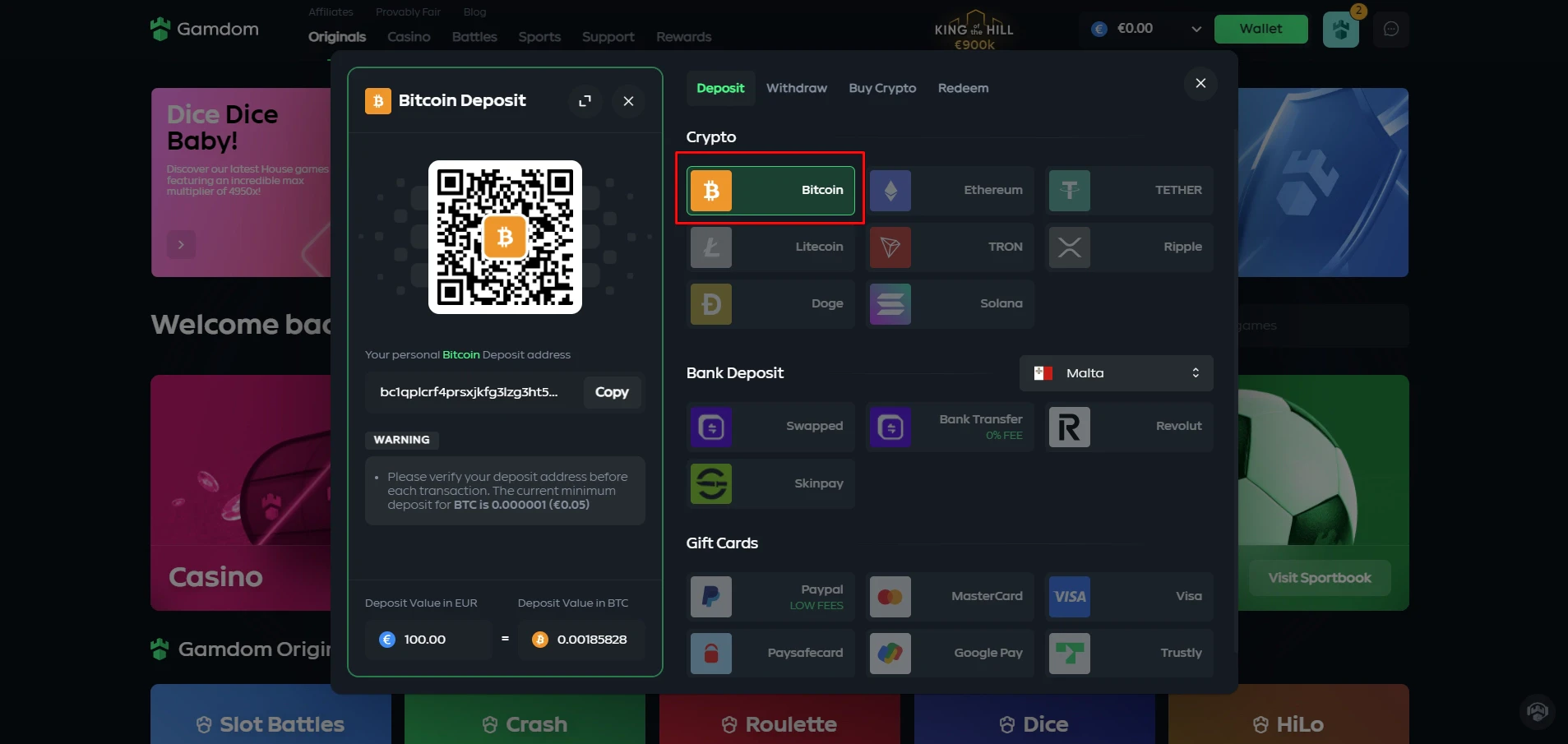 Gamdom Casino Bitcoin Transactions