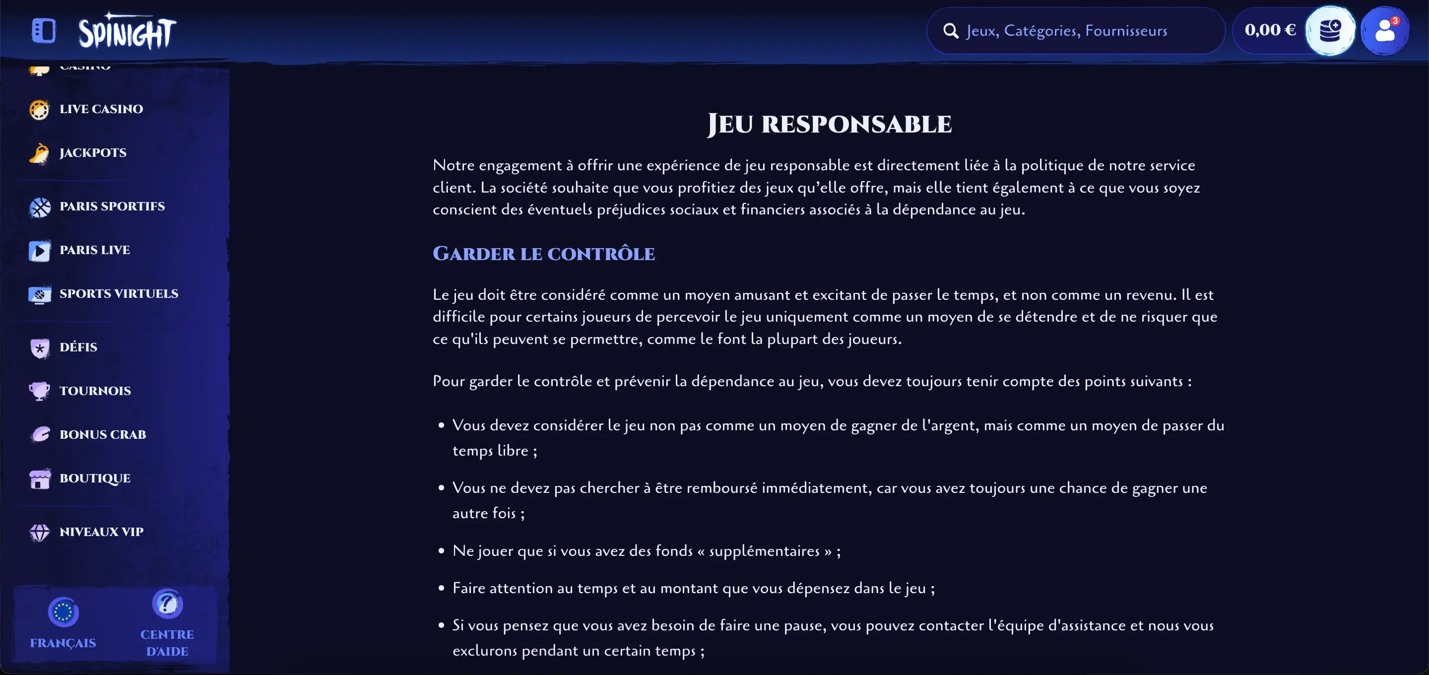 spinight jeu responsable