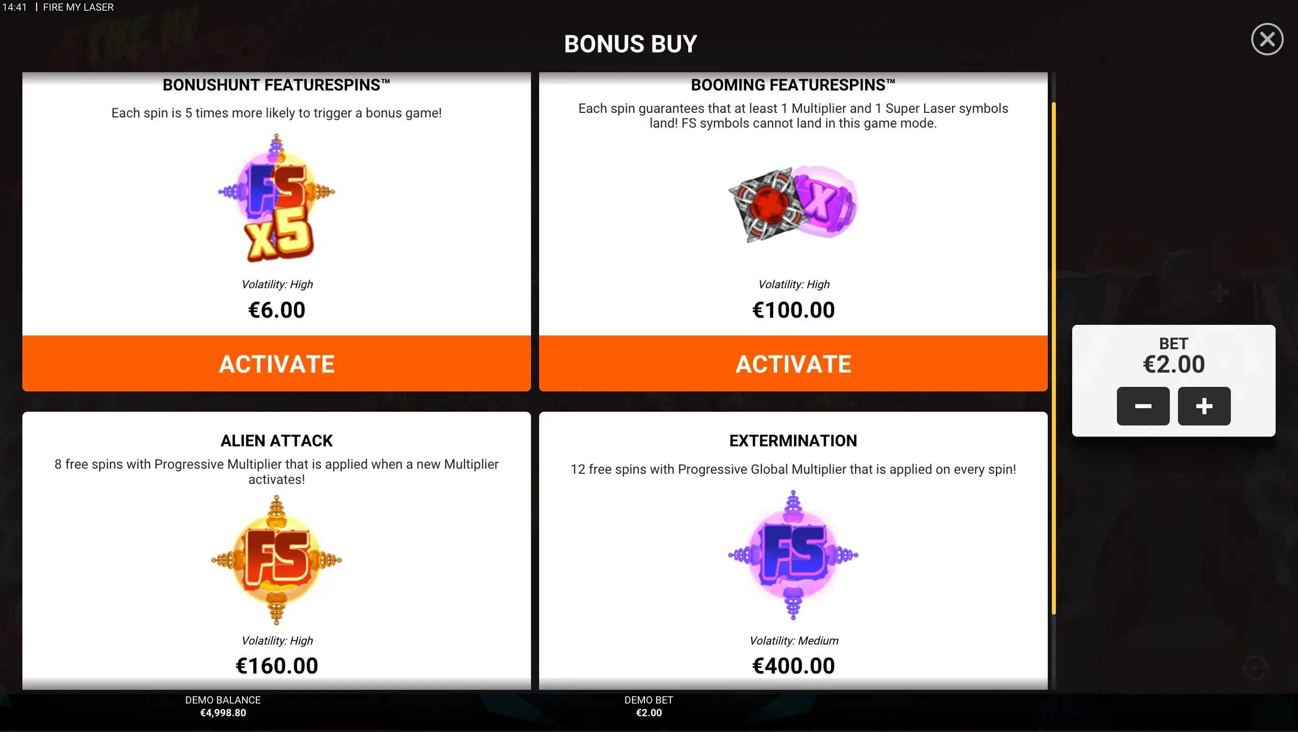 achat de bonus fire my laser