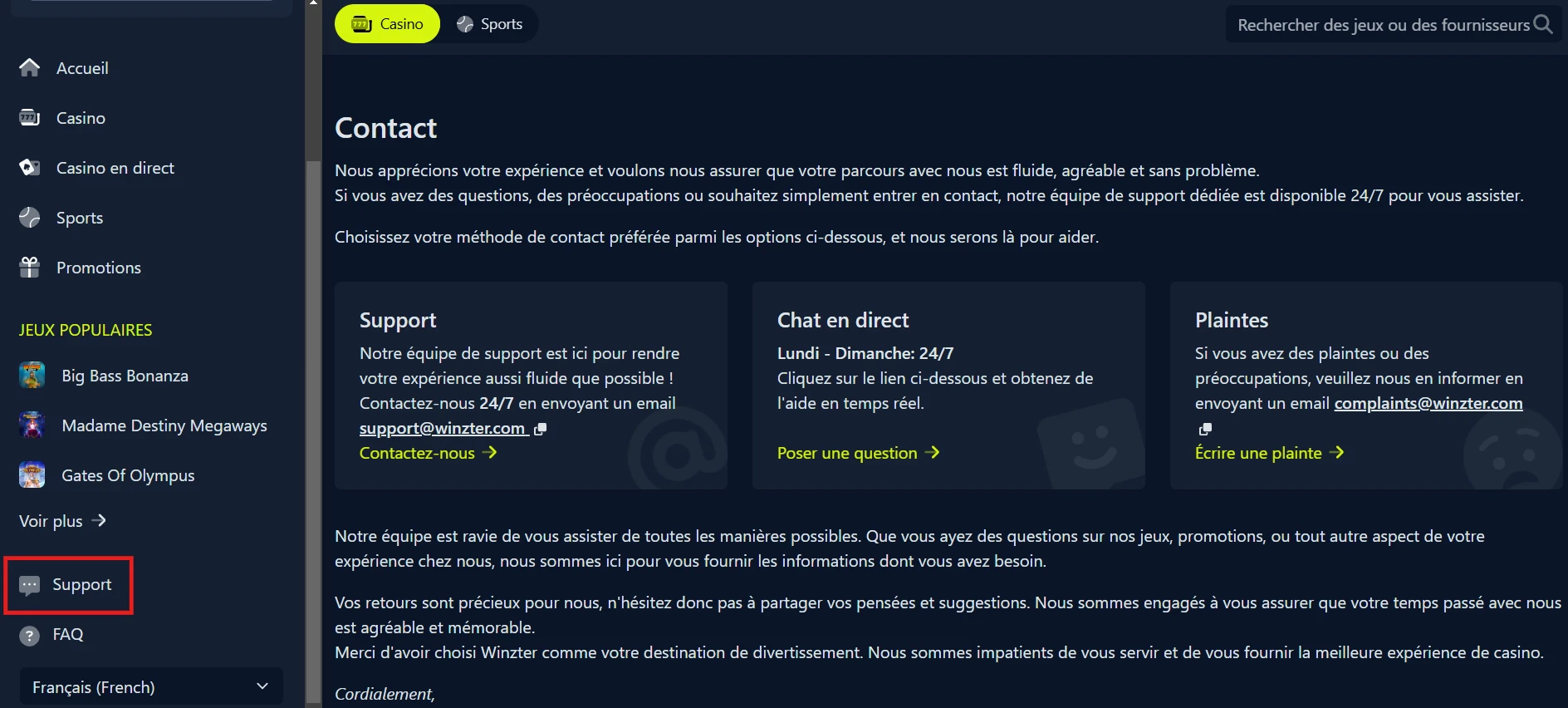 Adresses de contact et chat en direct