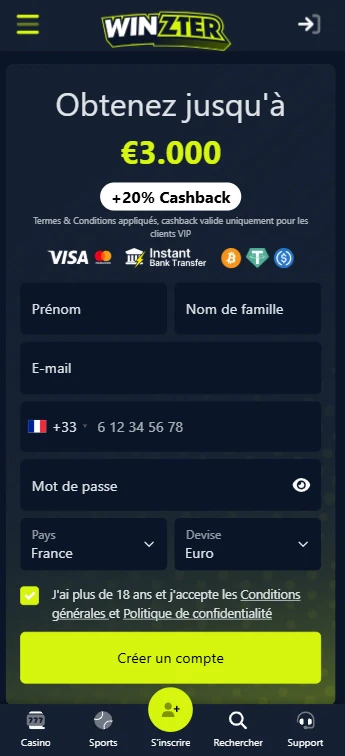 Page d'accueil sur mobile