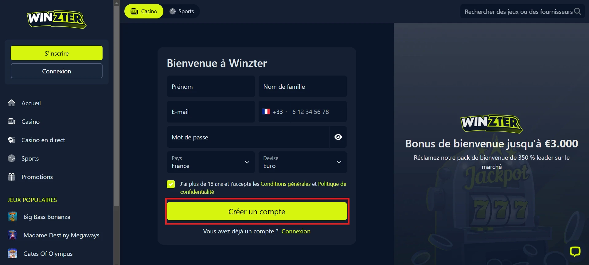 Informations à fournir pour s'inscrire sur Winzter