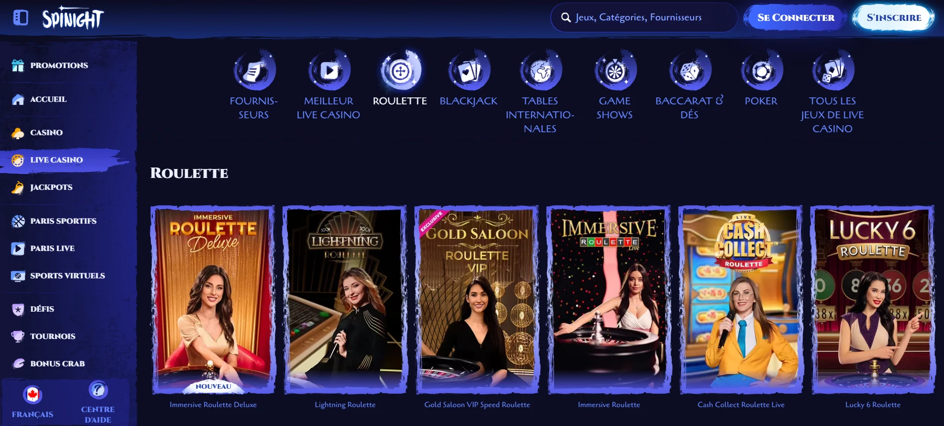Une sélection impressionnante de roulette live sur Spinight