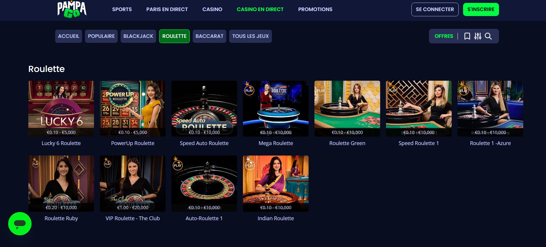 La sélection de roulette en direct sur Pampago