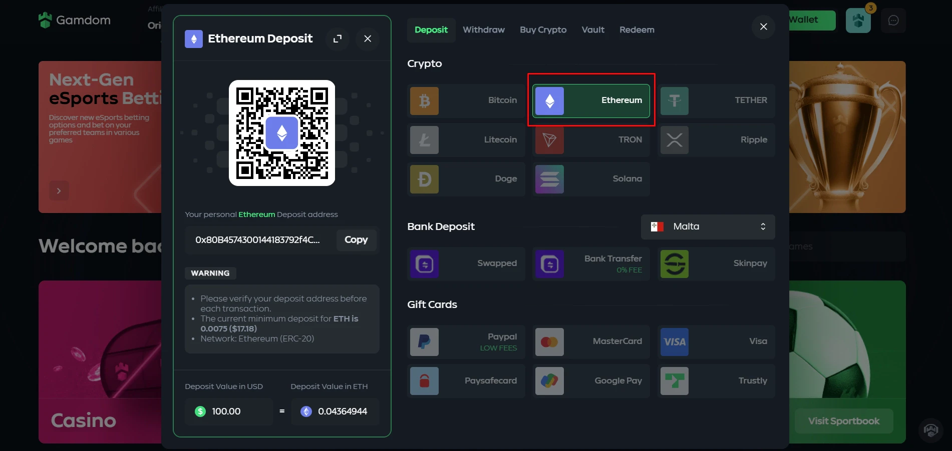 Gamdom Ethereum Deposit