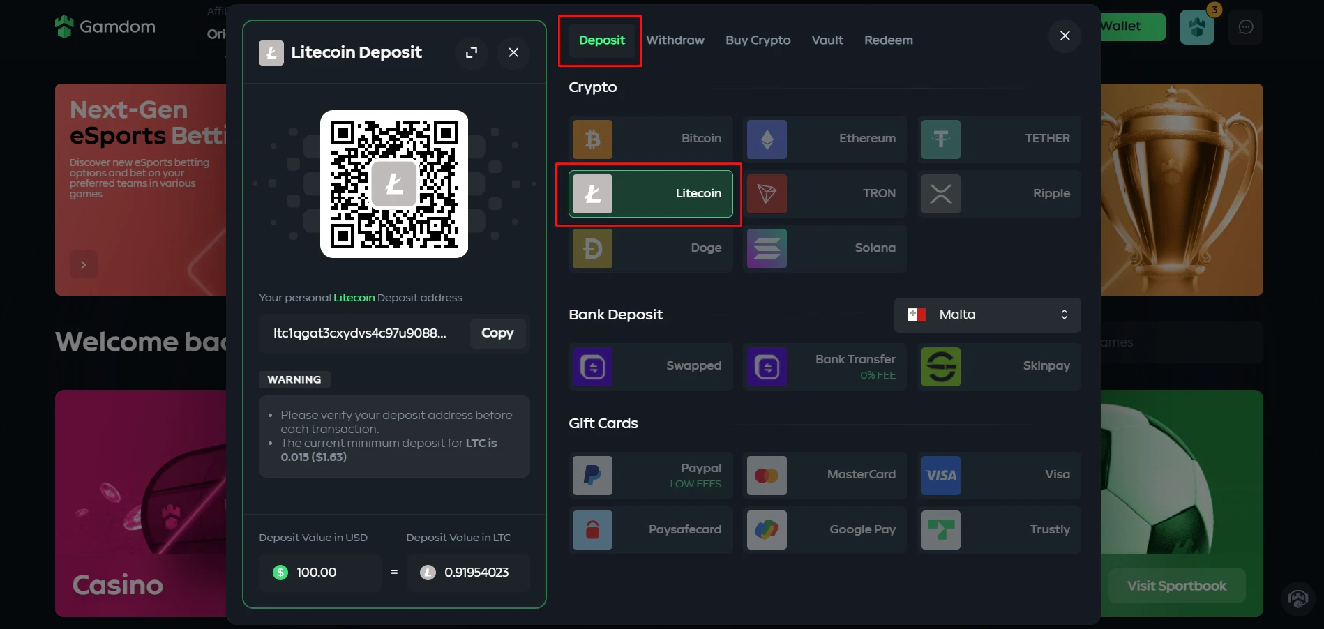 Gamdom Litecoin Deposit
