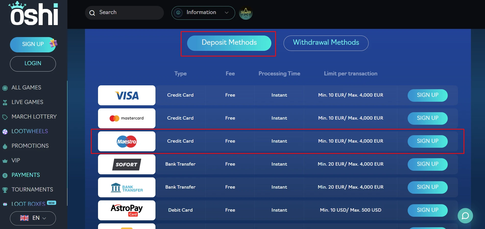 Oshi Casino Maestro Deposits