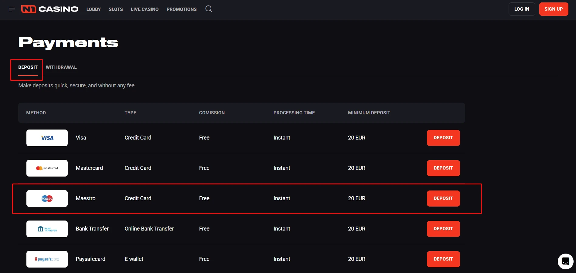 N1 Casino Maestro Deposits