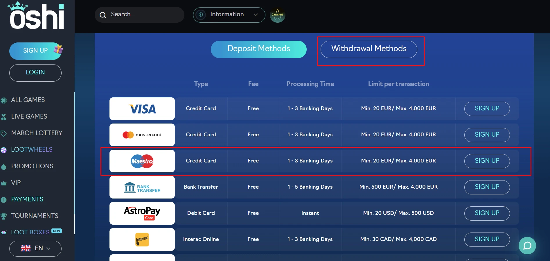 Oshi Casino Maestro Withdrawals
