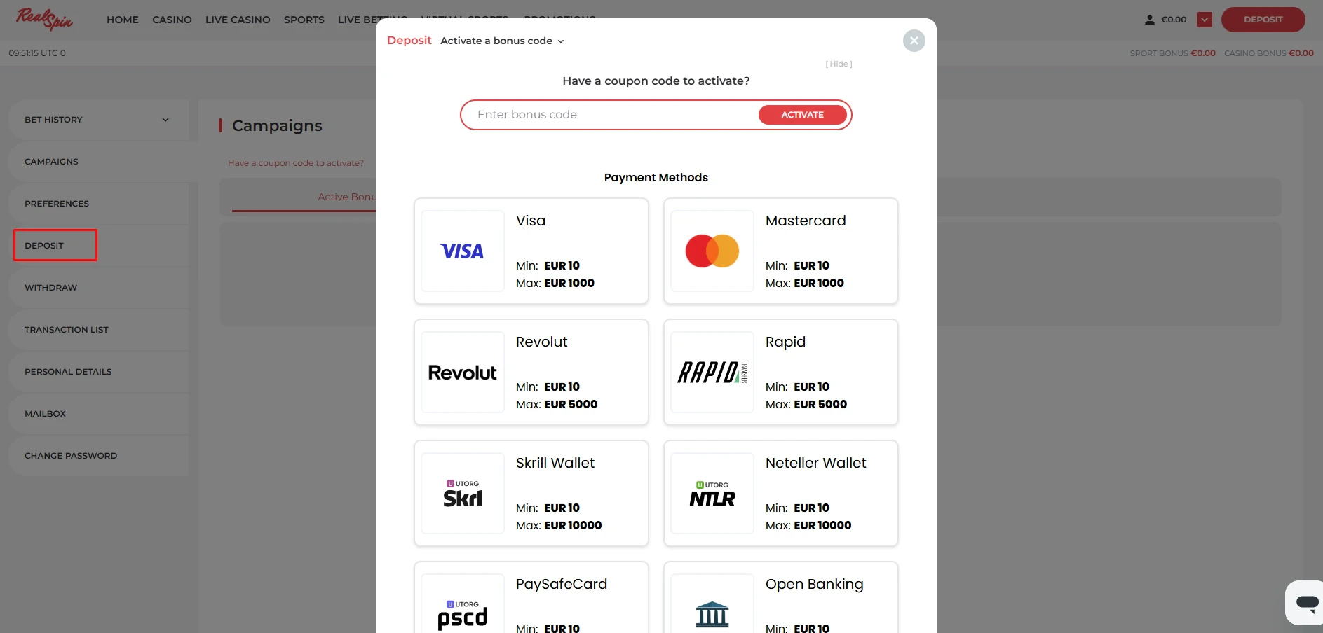 RealSpin Casino Deposits