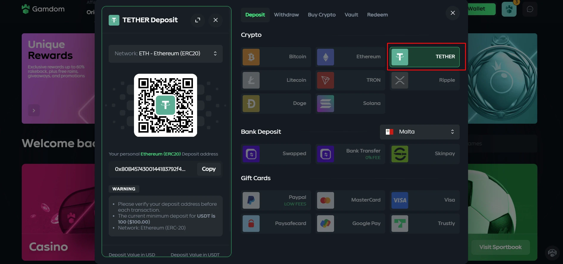 Gamdom Tether Deposits