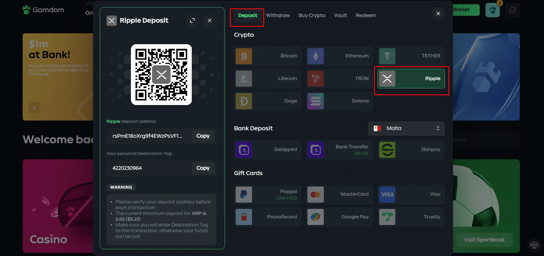 Gamdom Ripple Deposits