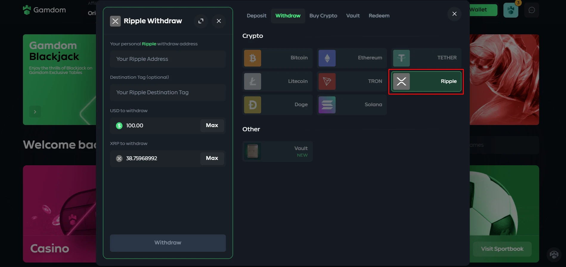 Gamdom Ripple Withdrawals