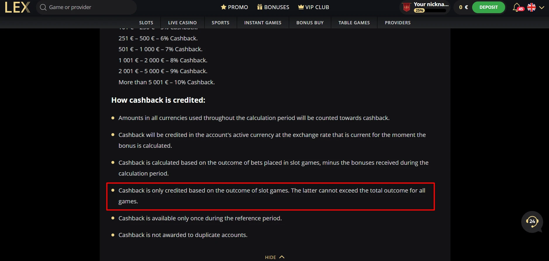 Lex Casino Cashback Eligible Games