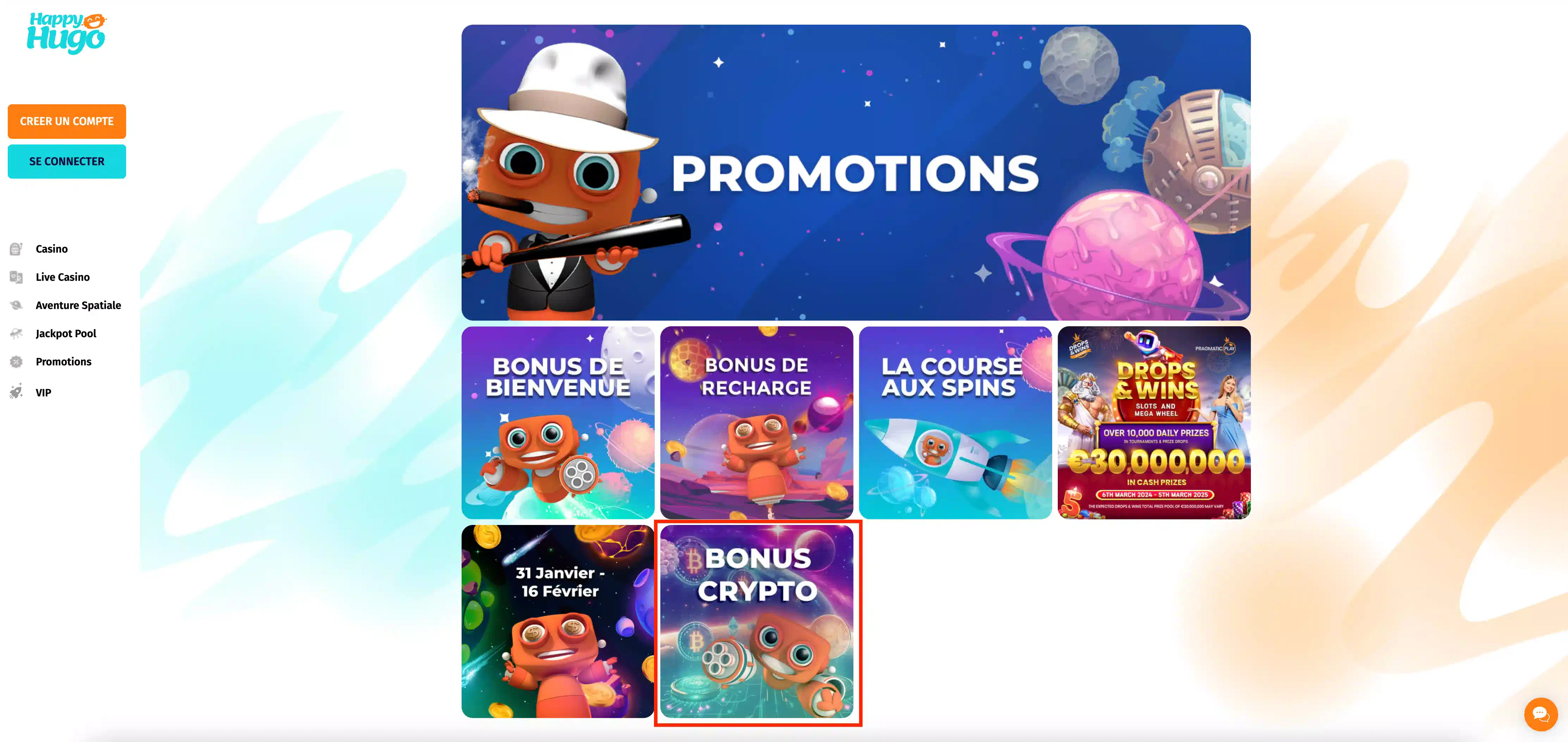 bonus bienvenue crypto Happy Hugo