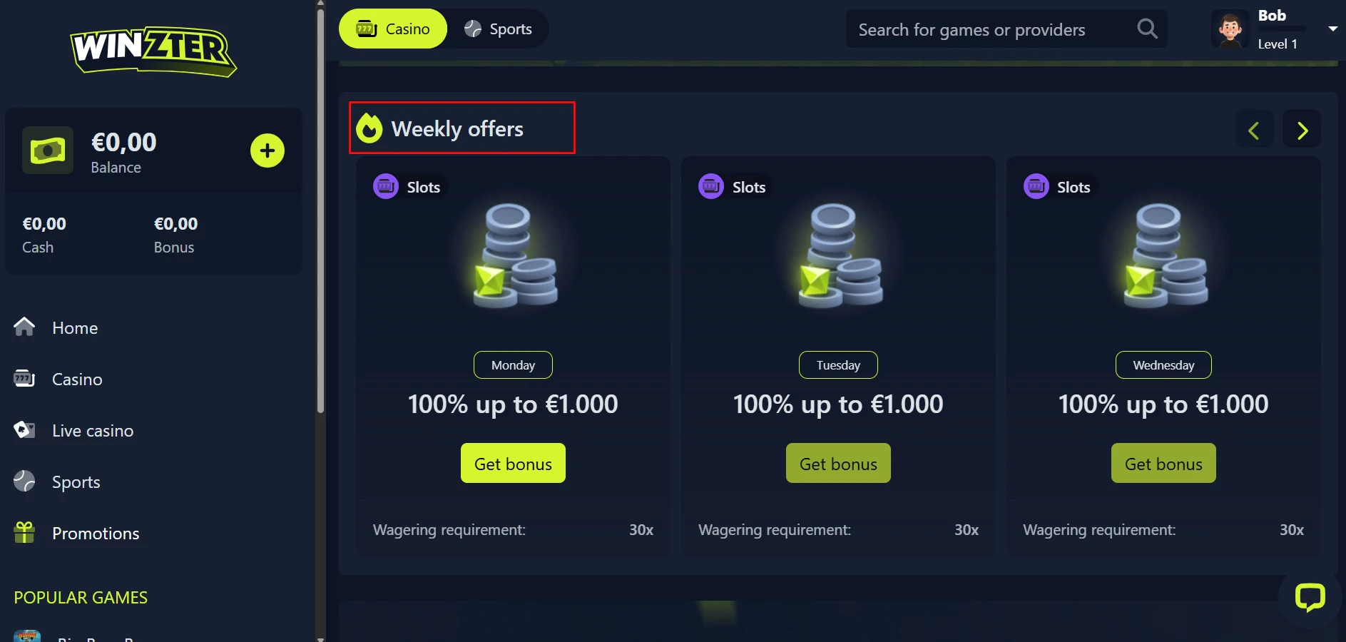 Winzter Casino Daily Reload Bonus