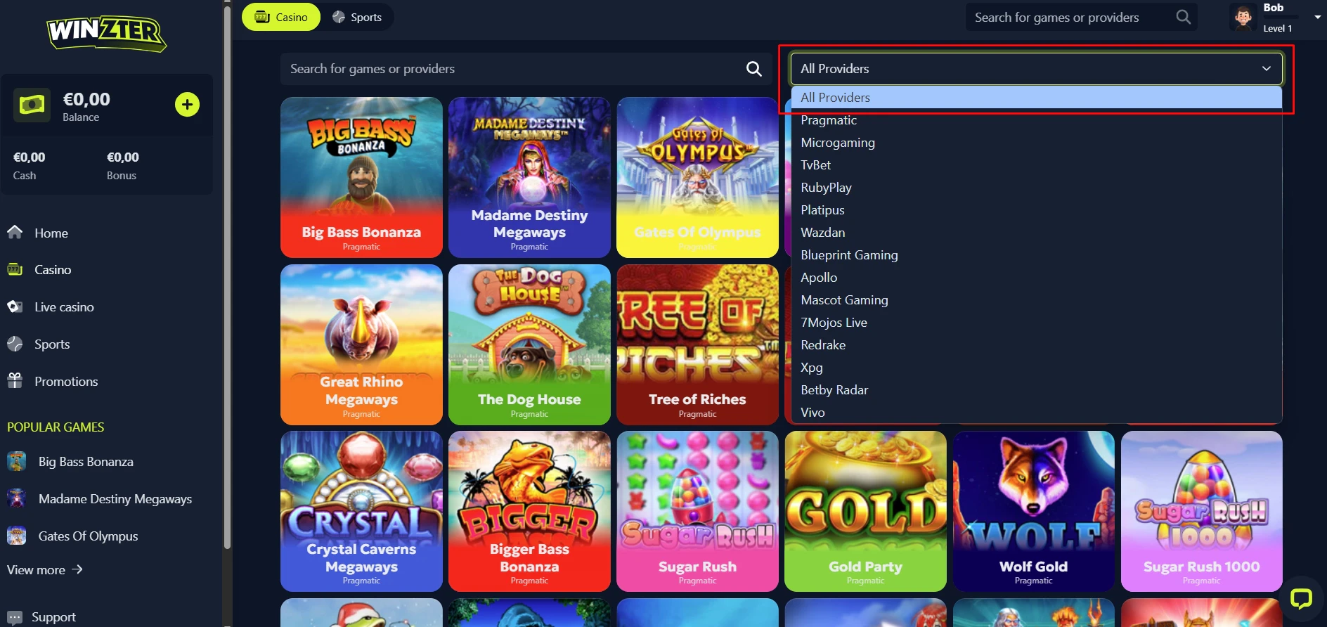 Winzter Casino Software Providers