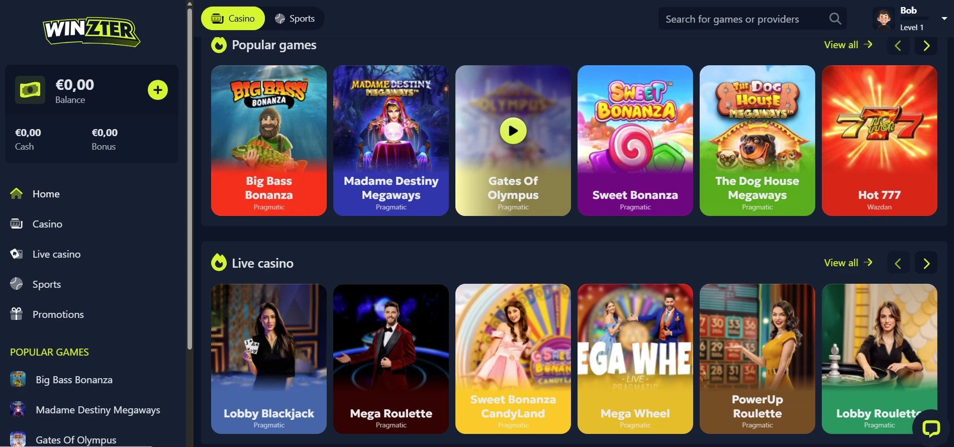 Winzter Casino Home Page