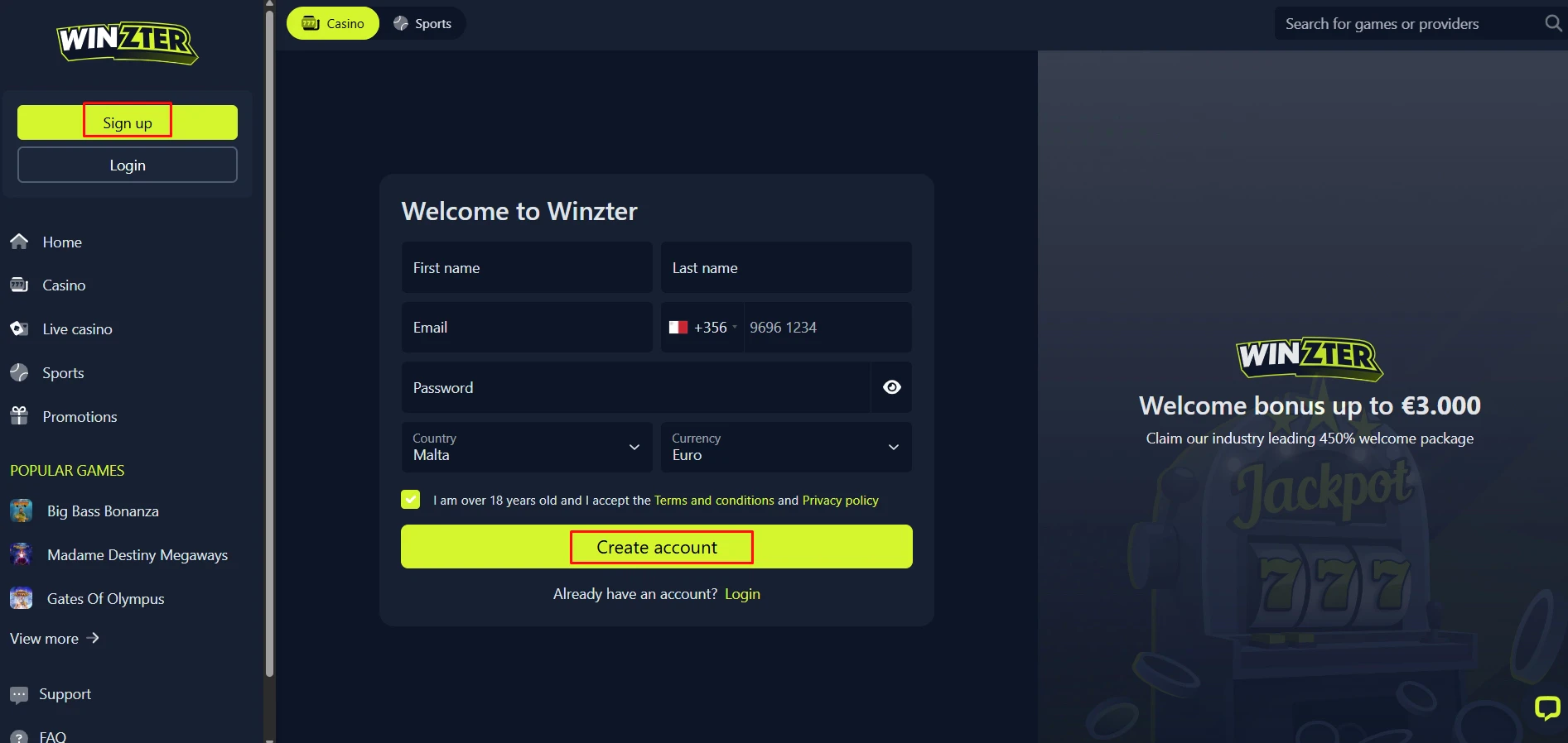 Winzter Casino Registration