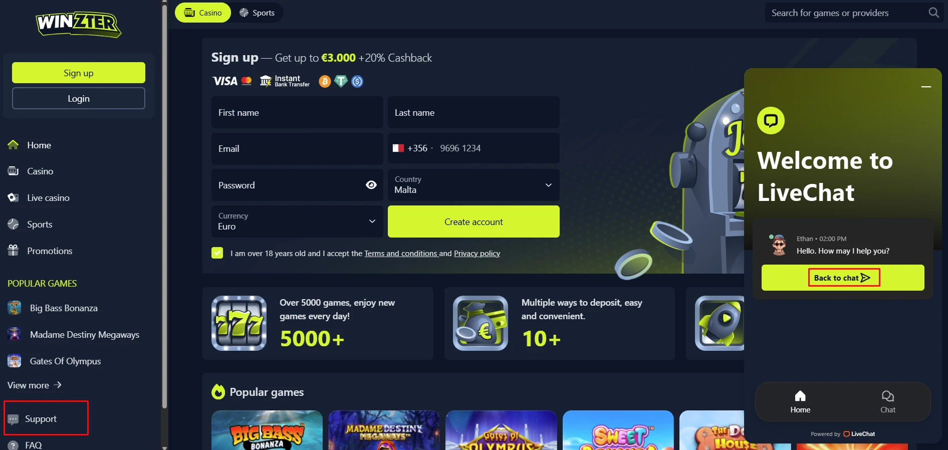 Winzter Casino Live Chat