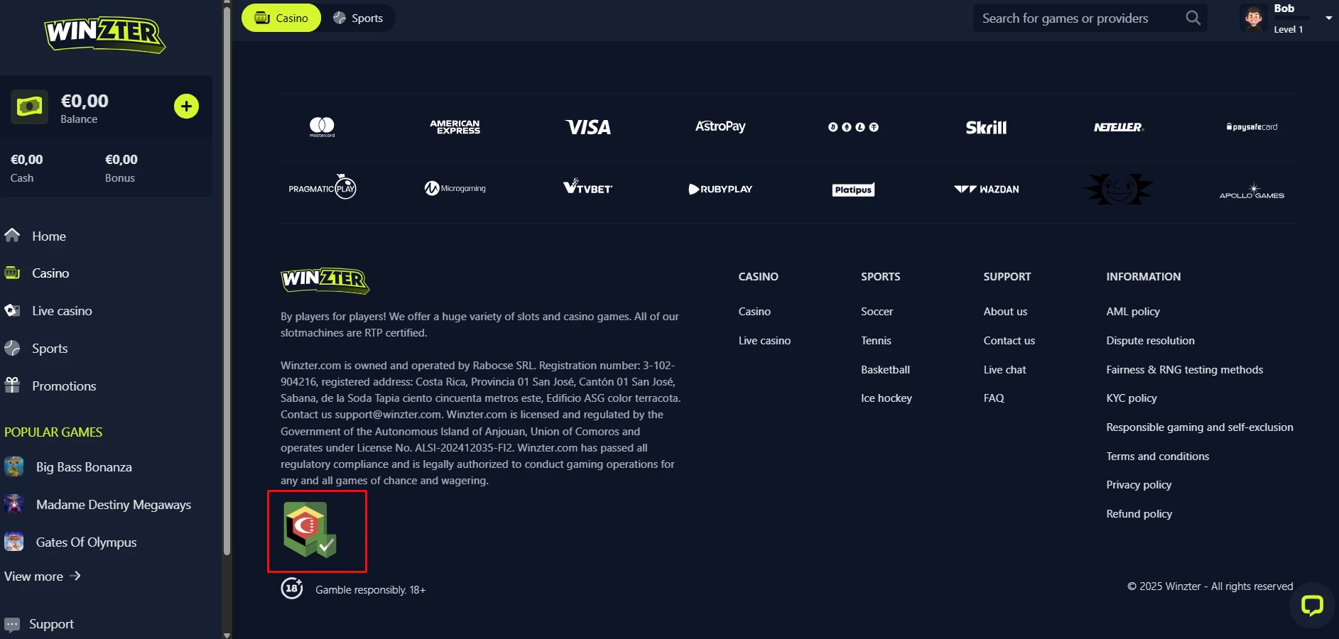 Winzter Casino License