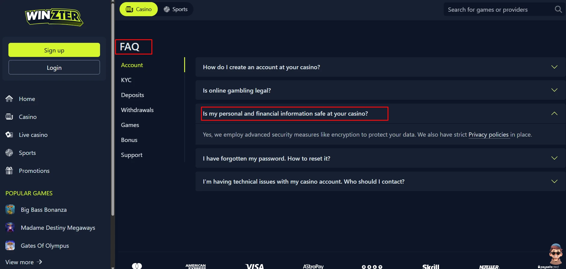 Winzter Casino Safety Measures