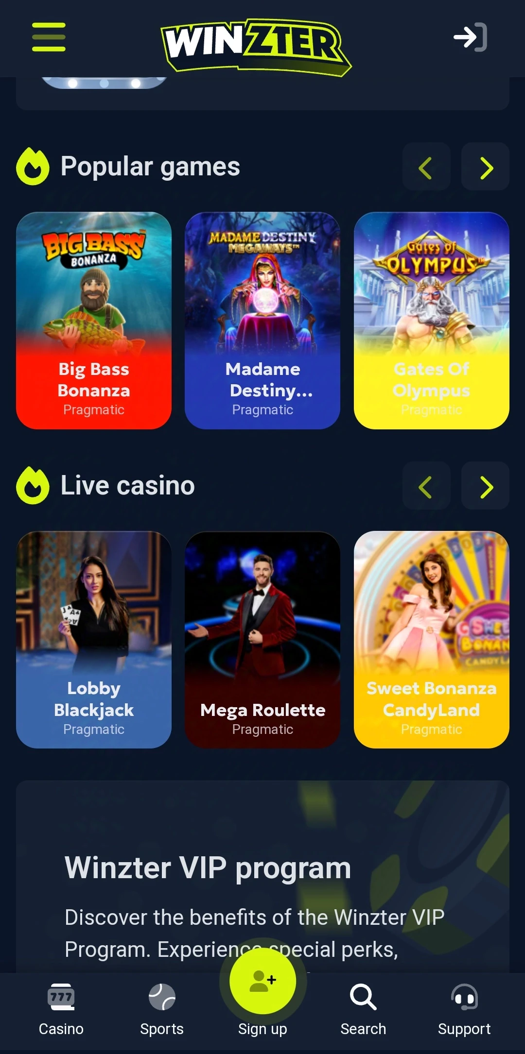 Winzter Casino Mobile Interface